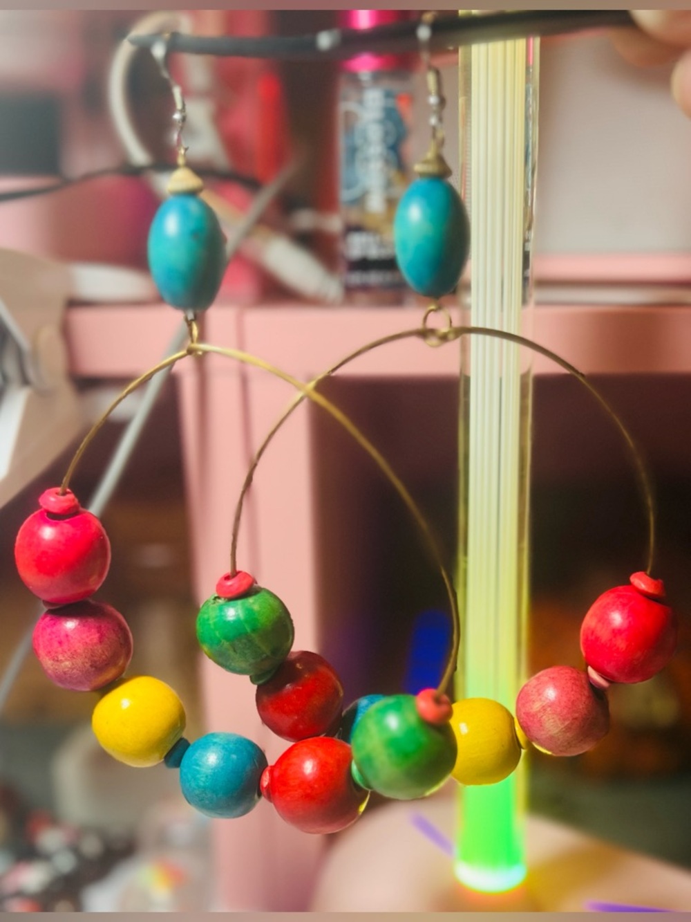 Handcrafted Multicolor Beaded Hoop Earrings - Vibrant Wood Beads